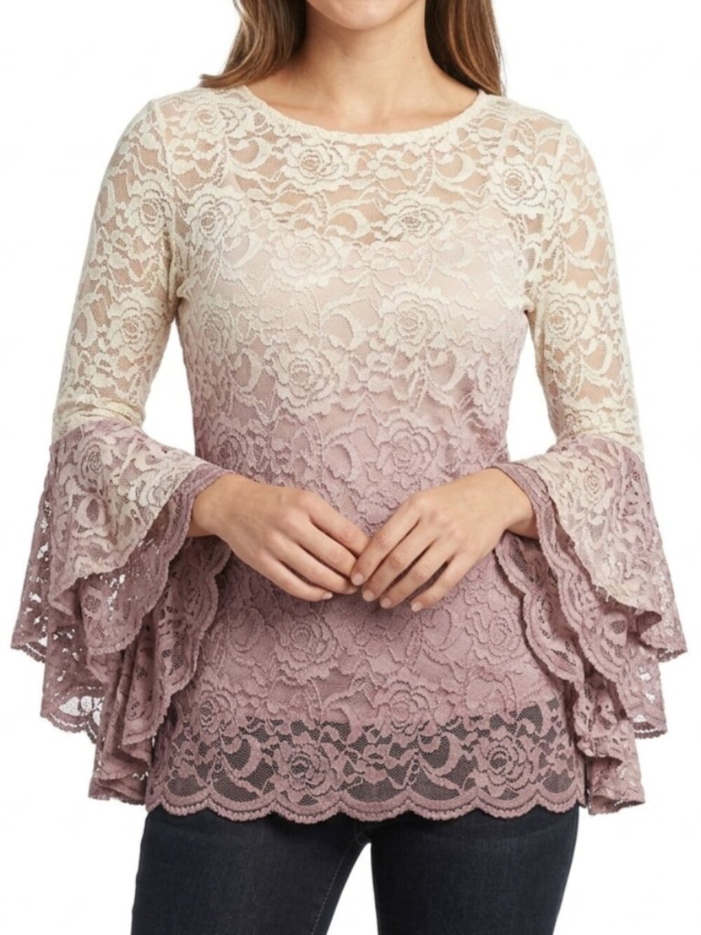 Boston Proper Ombré Floral Lace Bell-Sleeve Blouse Women's Size S